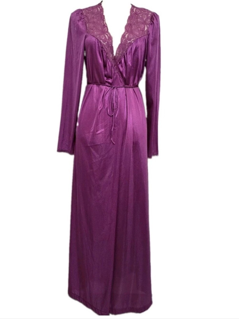 SENTIMENTS size Large Vintage Long Sleeve Lace Satin Robe Magenta Hollywood Glam